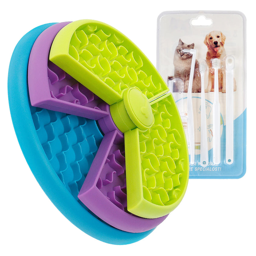 Colorful dog toy with a packaging background featuring dogs and toothbrushes. Dog Puzzle Slow Feeder Bowl